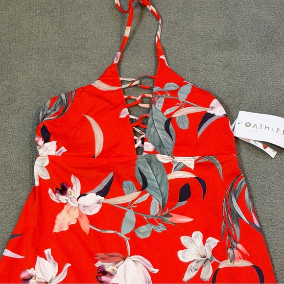 NWT - Athleta Loop Swim Dress in Vibrant Orange Floral. V-Neck Halter. Medium. - Picture 9 of 10